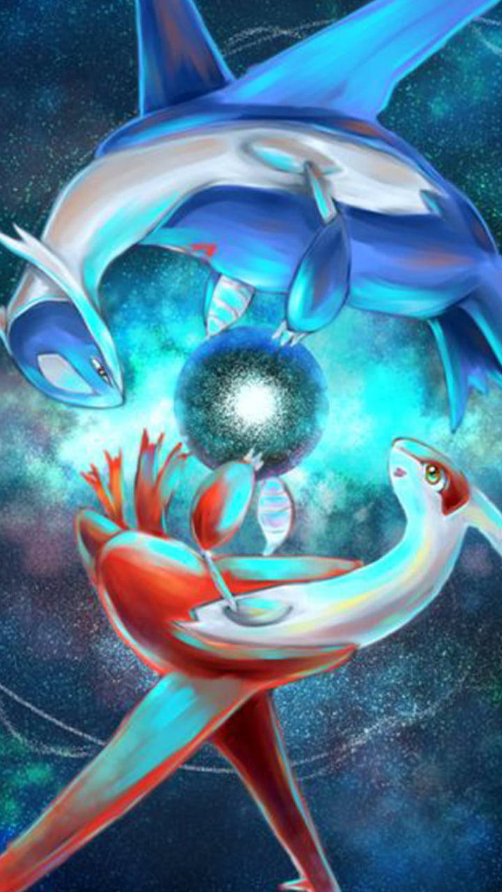 Pokémon 手機 桌布 壁紙 — 兩隻雄偉的寶可夢在一個發光球體周圍跳舞，背景是旋轉的宇宙星雲，充滿鮮豔的藍色和紅色。