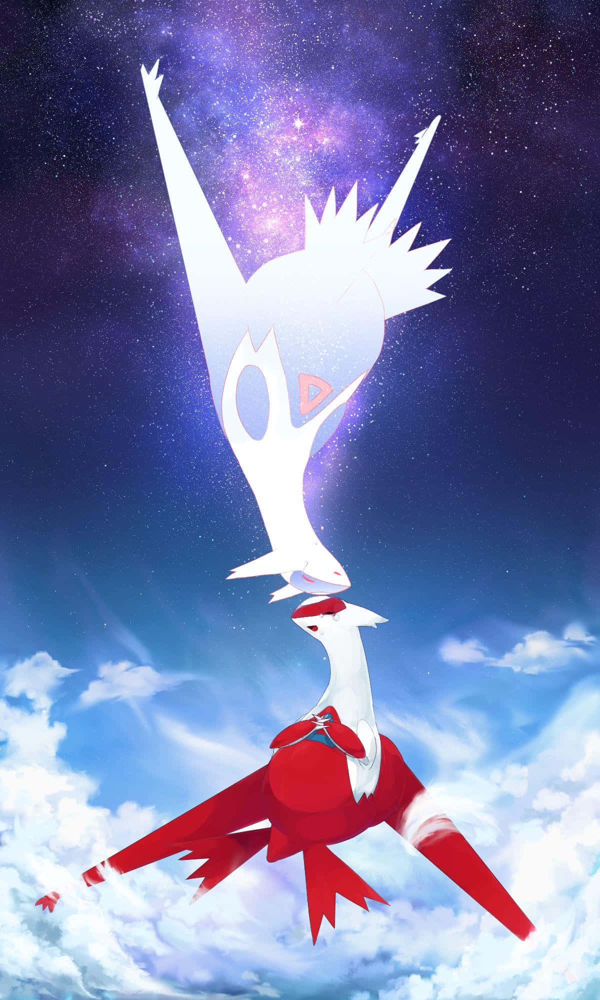 Pokémon 手機 桌布 壁紙 — 兩隻雄偉的寶可夢在星空的宇宙天空中翱翔，下方有雲朵，一隻白色發光，一隻紅色鮮豔。