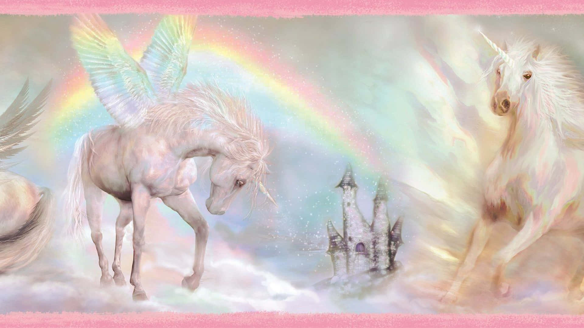 Unicorns 桌布 壁紙 — 兩隻雄偉的有翼獨角獸在霧氣瀰漫的天空中，於一道鮮豔的彩虹下滑翔穿過雲層，遠處有一座城堡。