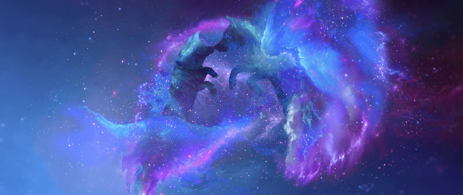 兩條龍飛過充滿星光的彩色宇宙星雲。