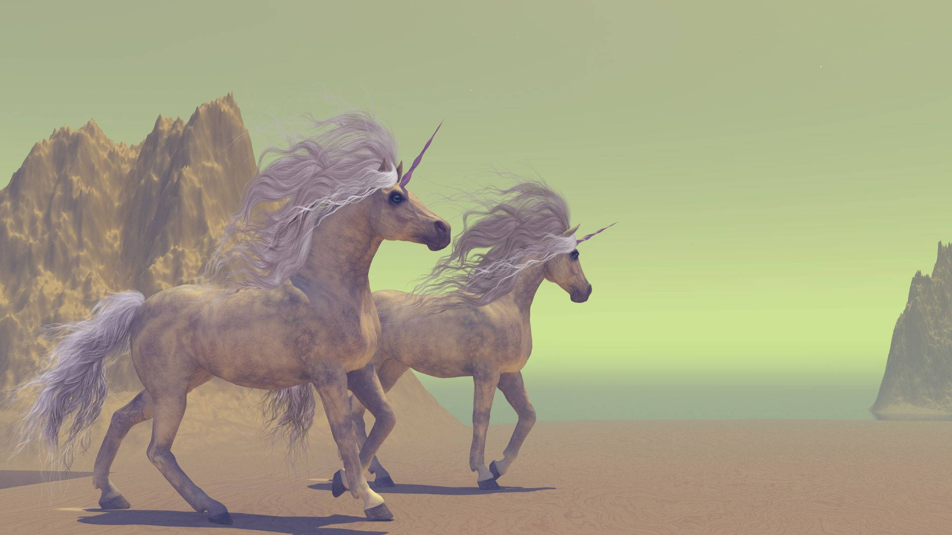 Cool Unicorn 桌布 壁紙 — 兩隻雄偉的獨角獸，飄逸著銀色鬃毛，在柔和的綠色天空下奔馳過沙漠景觀。