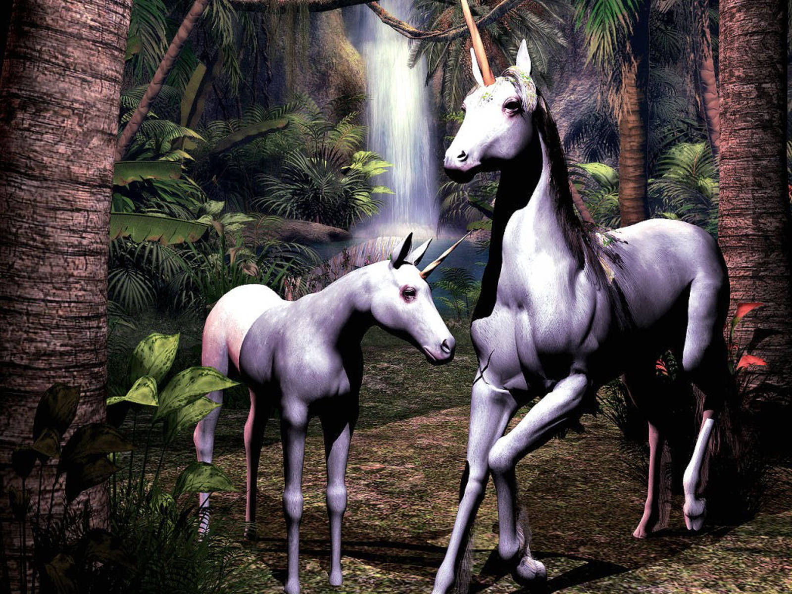 Pretty Unicorn 桌布 壁紙 — 兩隻雄偉的獨角獸站在茂密的叢林中，身後有瀑布傾瀉而下。