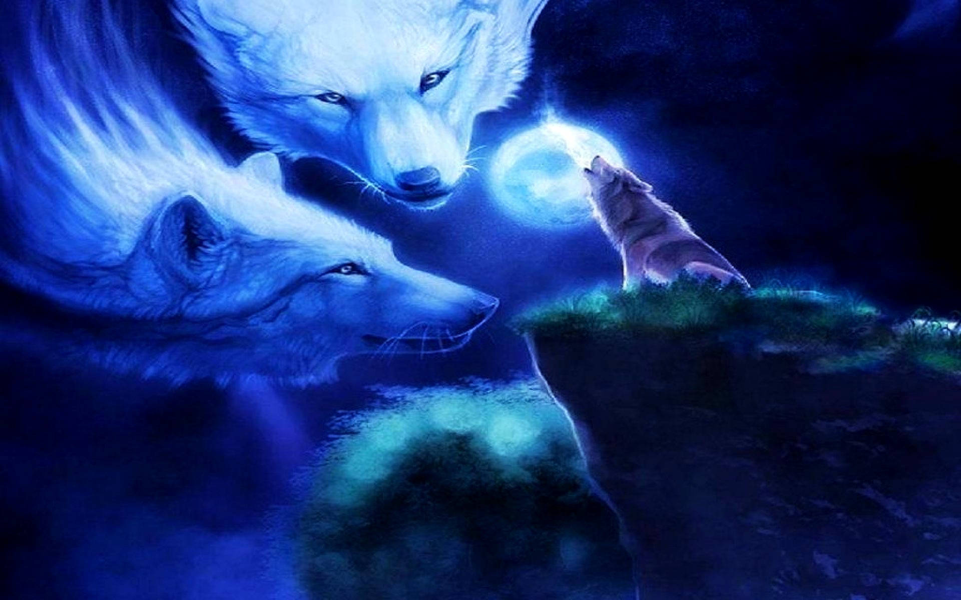 兩隻狼在深藍色夜空下對著發光的月亮嚎叫。