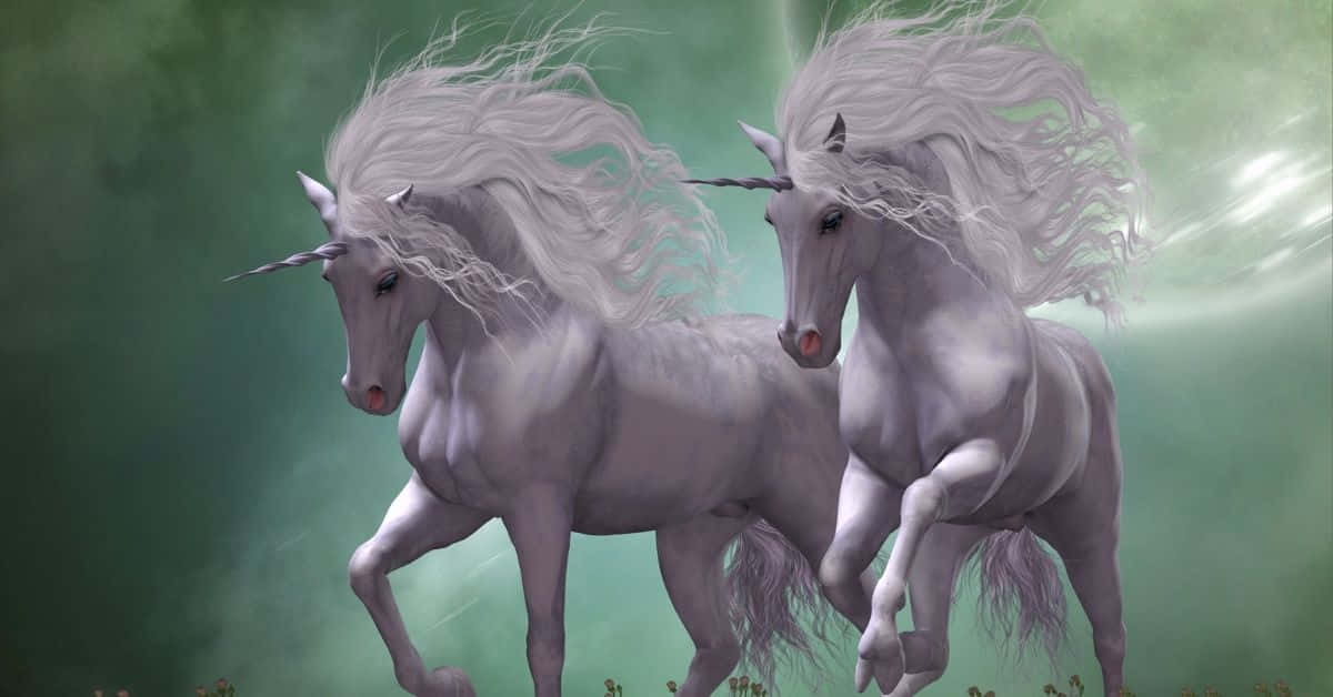 Unicorns 桌布 壁紙 — 兩隻雄偉的白色獨角獸，鬃毛飄逸，優雅地奔馳在神秘的綠色迷霧森林中。
