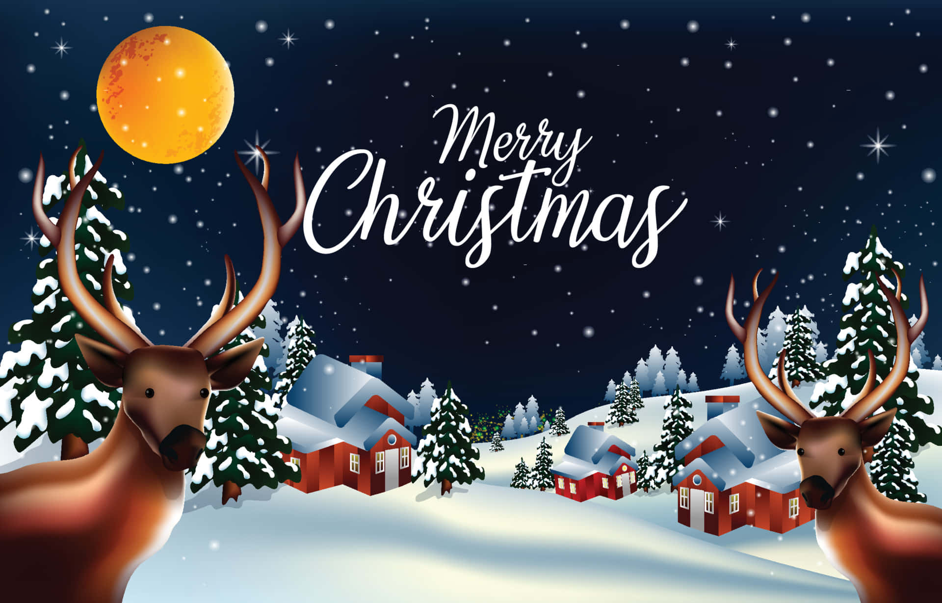 Microsoft Teams Christmas 桌布 壁紙 — 兩隻雄偉的鹿站在白雪皚皚的冬季村莊中，在發光的橙色月亮和閃爍的星星下，帶有「Merry Christmas」文字。