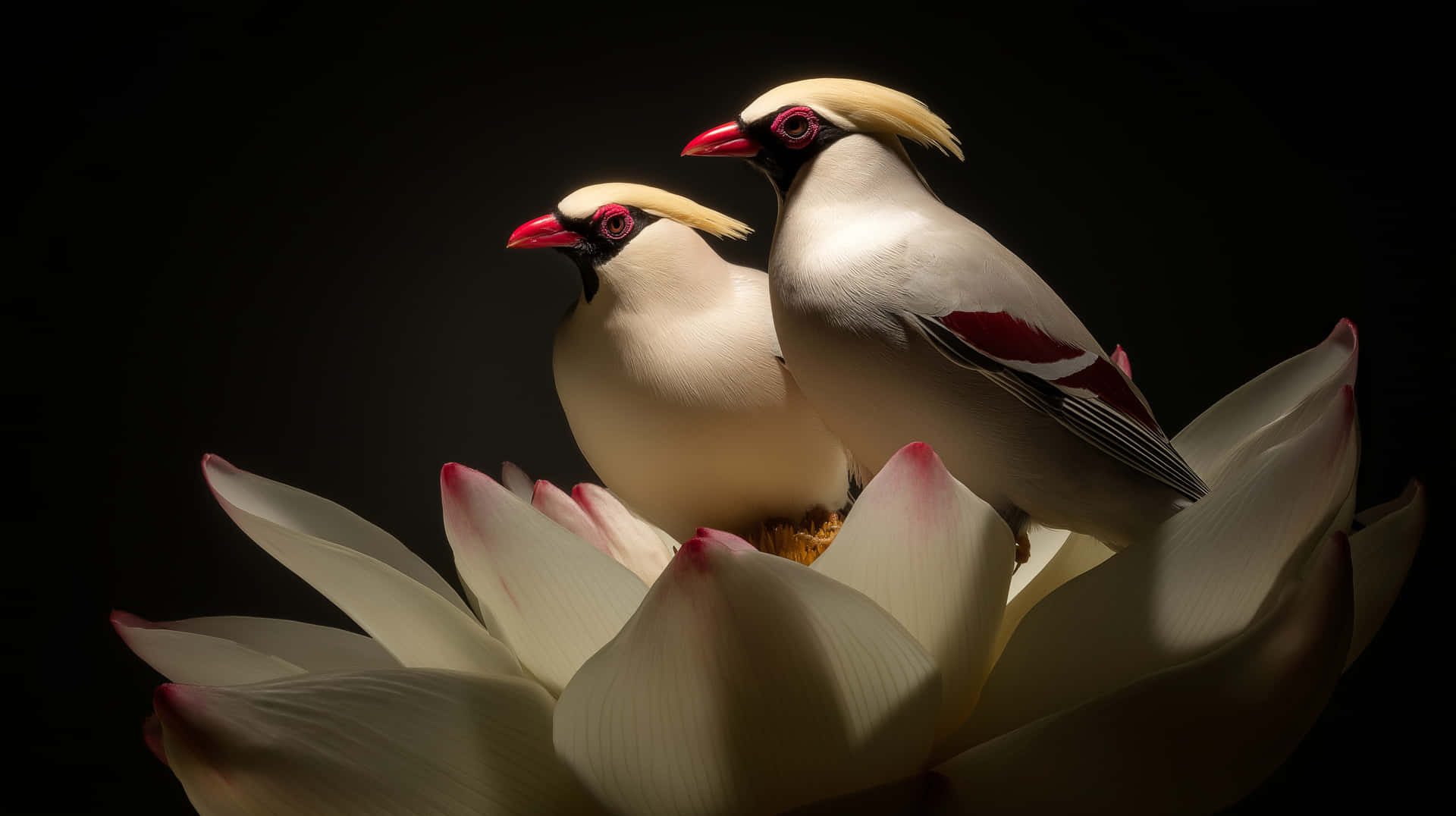 Elegant Pair of Birds on a Luminous White Flower 壁紙 — 兩隻雪白的鳥兒，紅喙黃冠，優雅地棲息在白色蓮花上，背景深色。