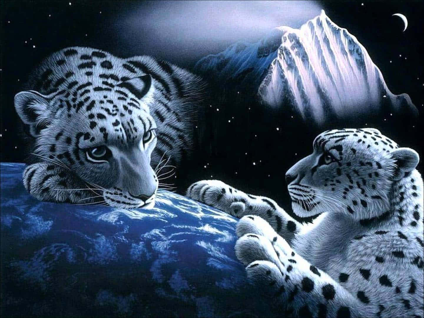 3d Animal 桌布 壁紙 — 兩隻雪豹在藍色星球上休息，背景有星空、新月和雪山。