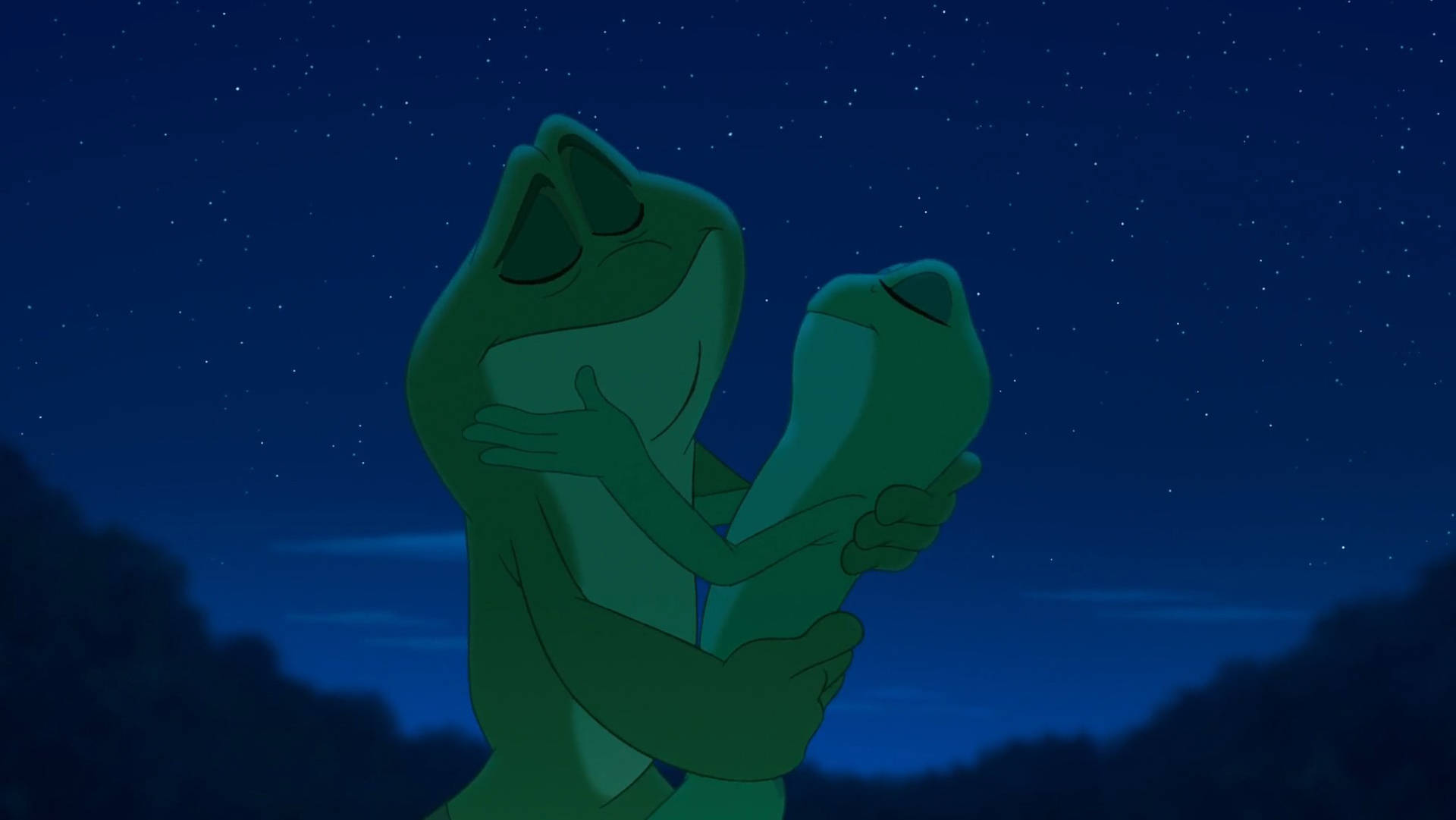 Princess 桌布 壁紙 — 兩隻青蛙在繁星點點的夜空下溫柔擁抱，背景是剪影般的山丘。