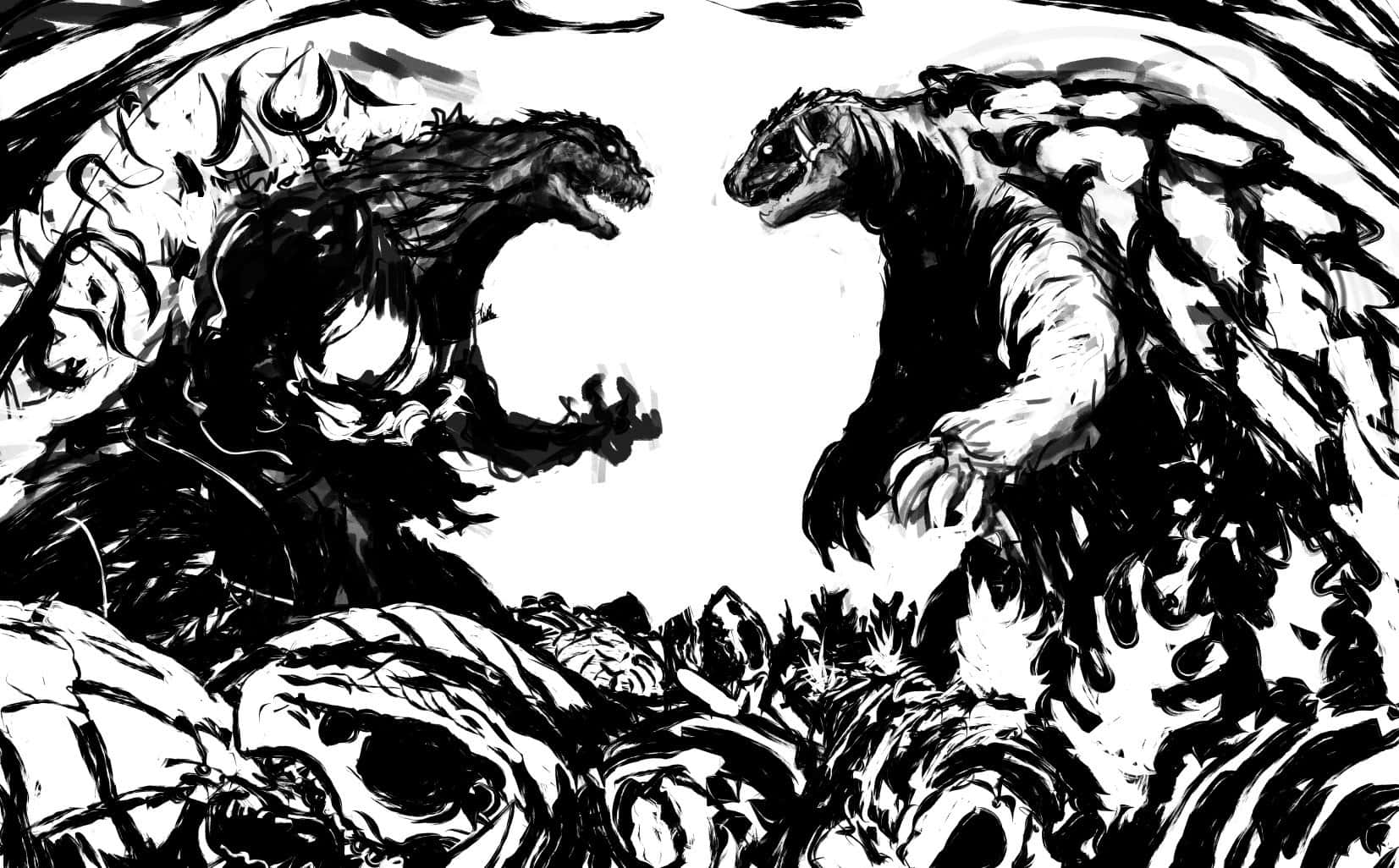 Godzilla Vs Gamera 桌布 壁紙 — 兩隻類似哥吉拉的怪獸在混亂的黑白墨水畫中咆哮，帶有旋轉的能量。