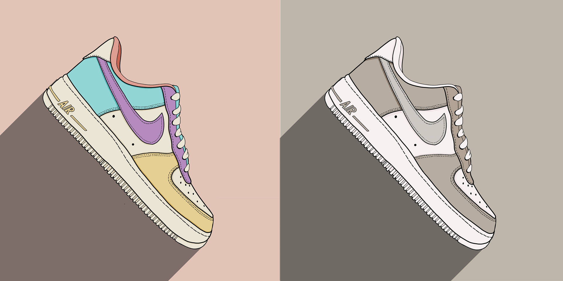 Nike 桌布 壁紙 — 兩隻風格化的Nike Air Force 1運動鞋以平面設計和長陰影並排繪製在粉彩背景上。