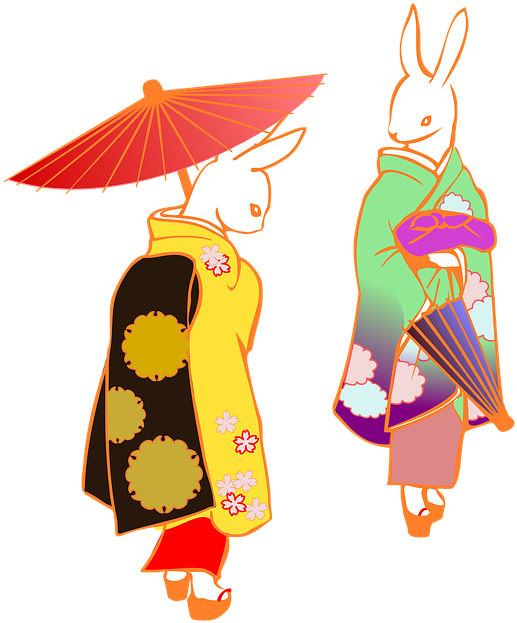 Cartoon 桌布 壁紙 — 兩隻風格化的兔子穿著色彩繽紛的和服，撐著傘，站在黑色背景前。