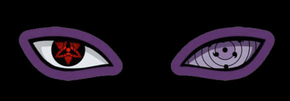 Rinnegan 桌布 壁紙 — 兩隻風格化的動漫眼睛，帶有紅色和紫色的寫輪眼和輪迴眼符號，在黑色背景上發光。