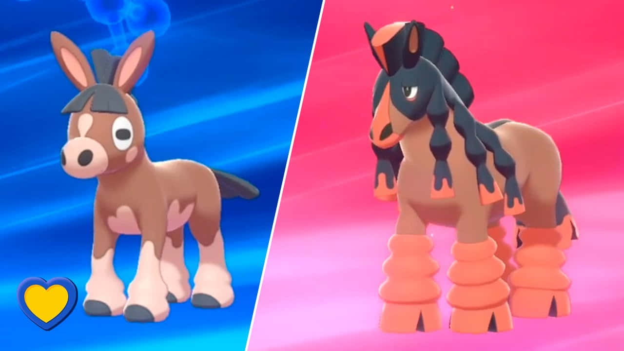 Mudsdale 桌布 壁紙 — 兩隻風格化的卡通馬，一隻棕色帶白色斑紋在藍色背景上，另一隻棕褐色帶橙色點綴在粉紅色背景上。