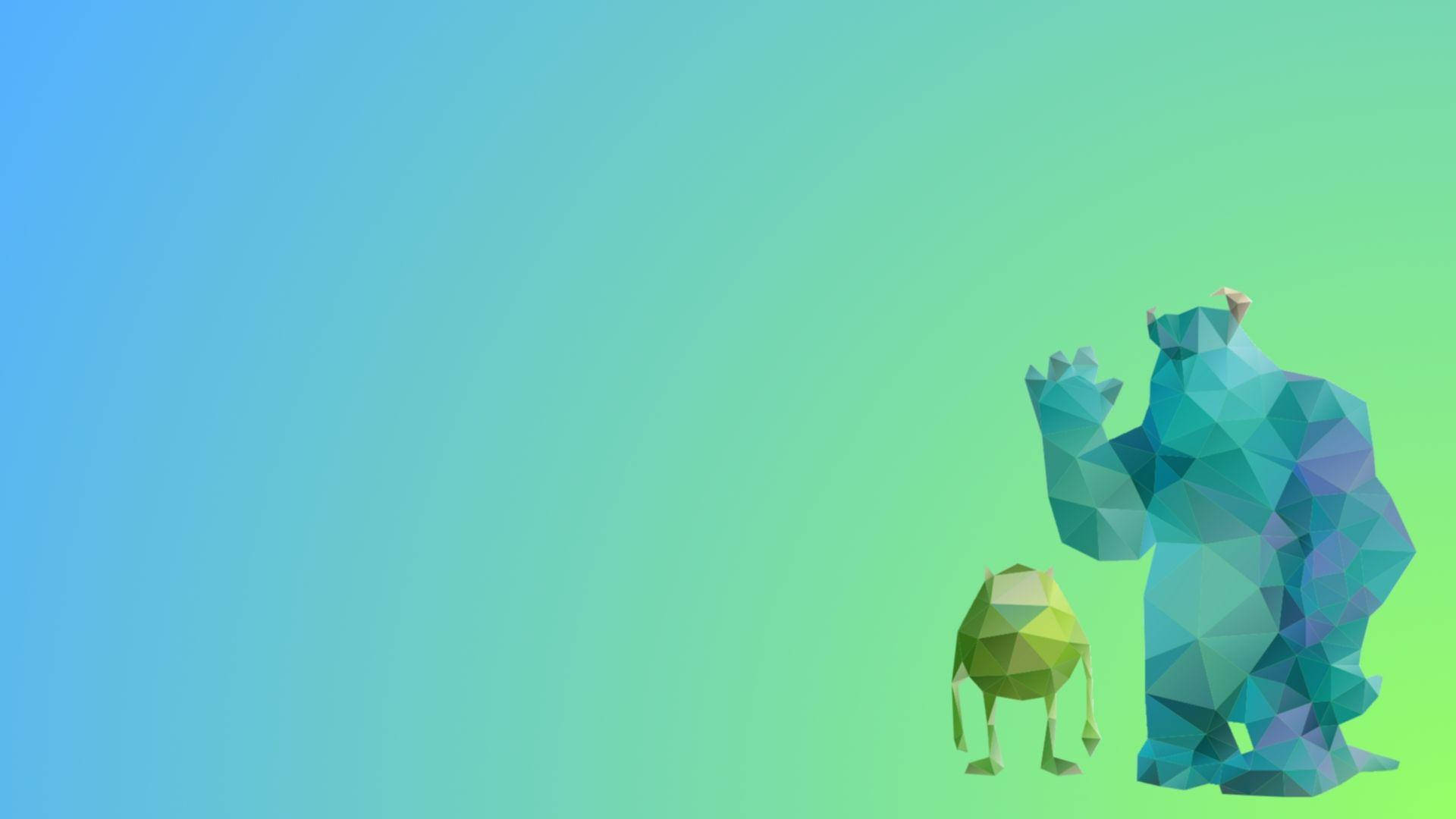 sulley 桌布 壁紙 — 兩隻風格化的多邊形怪物站在由藍色漸變到綠色的柔和天空前。