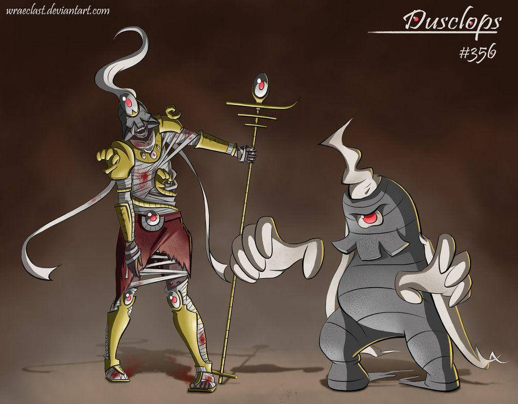 寶可夢 桌布 壁紙 — 兩隻風格化的寶可夢 Dusclops 和 Dusknoir 站在昏暗的場景中，周圍有旋轉的煙霧和發光的紅色眼睛。