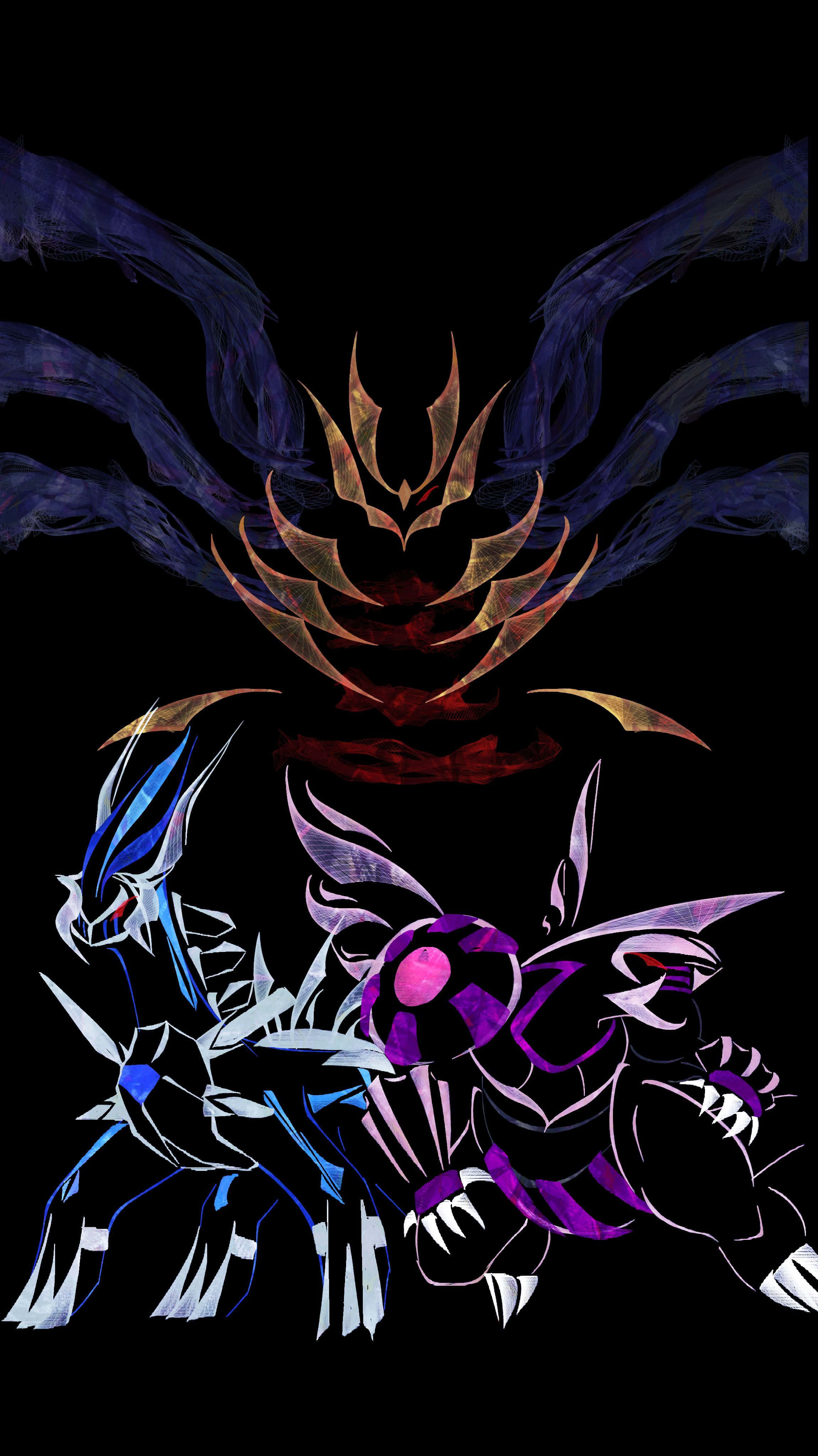 Dialga 桌布 壁紙 — 兩隻風格化的寶可夢在黑暗背景前戰鬥，擁有發光的翅膀和鋒利的金屬設計。