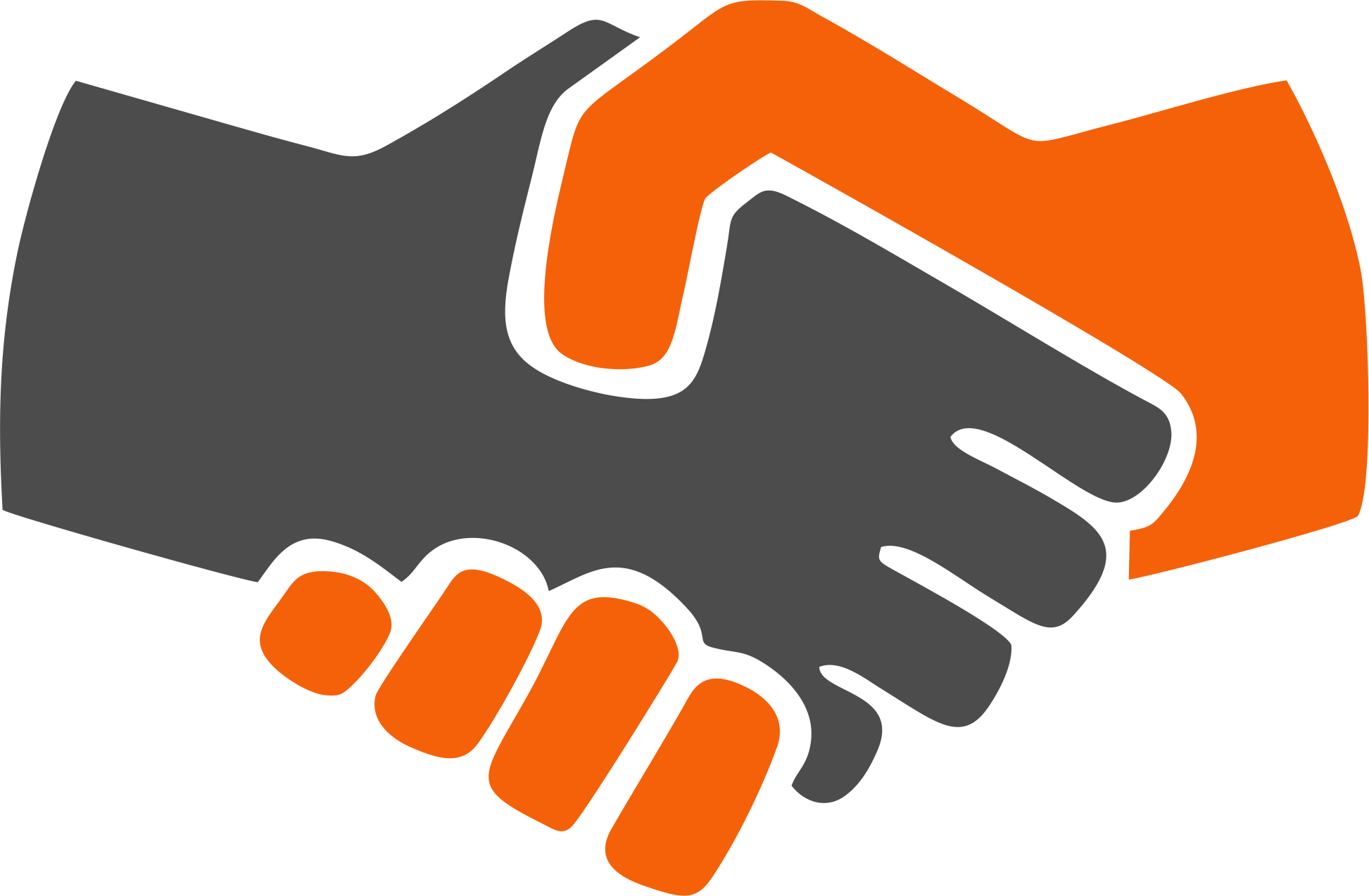 trust 桌布 壁紙 — 兩隻風格化的手，一橙一灰，在白色背景上以大膽的圖形握手方式緊握。