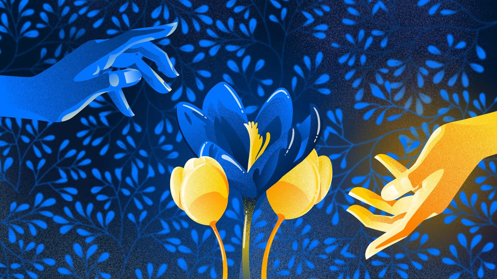 Ukraine 桌布 壁紙 — 兩隻風格化的手——一隻藍色和一隻黃色——伸向中央的藍黃色花朵，背景是深藍色的葉子。