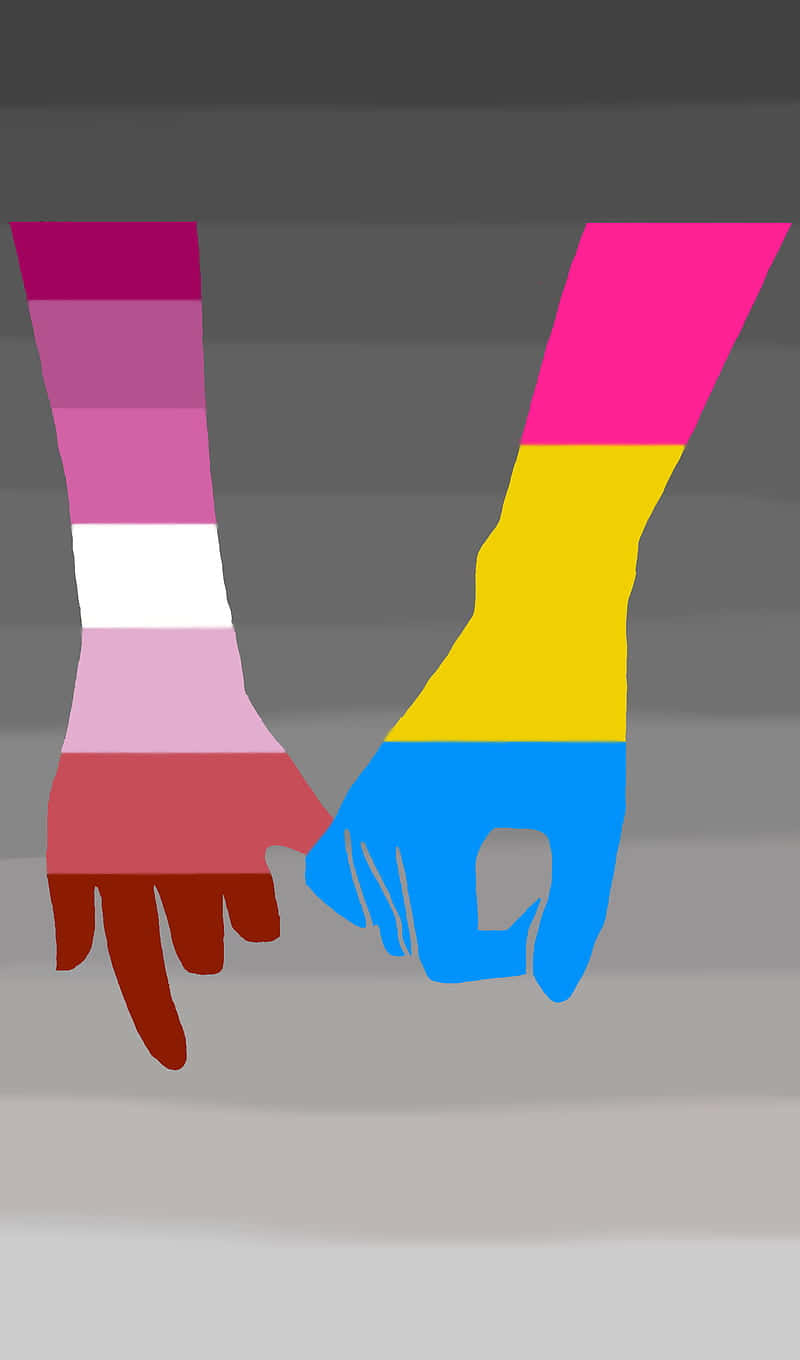 Lesbian Flag 桌布 壁紙 — 兩隻風格化的手互相握住，一隻塗有泛性戀旗幟，另一隻塗有非二元性別旗幟，背景為柔和的灰色。