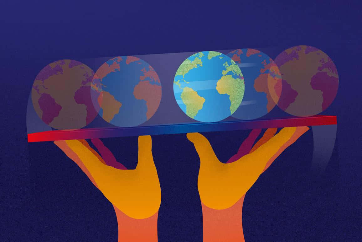 climate change 桌布 壁紙 — 兩隻風格化的手拿著一條透明棒，上面有五個色彩繽紛的地球儀，代表地球的各個大陸。