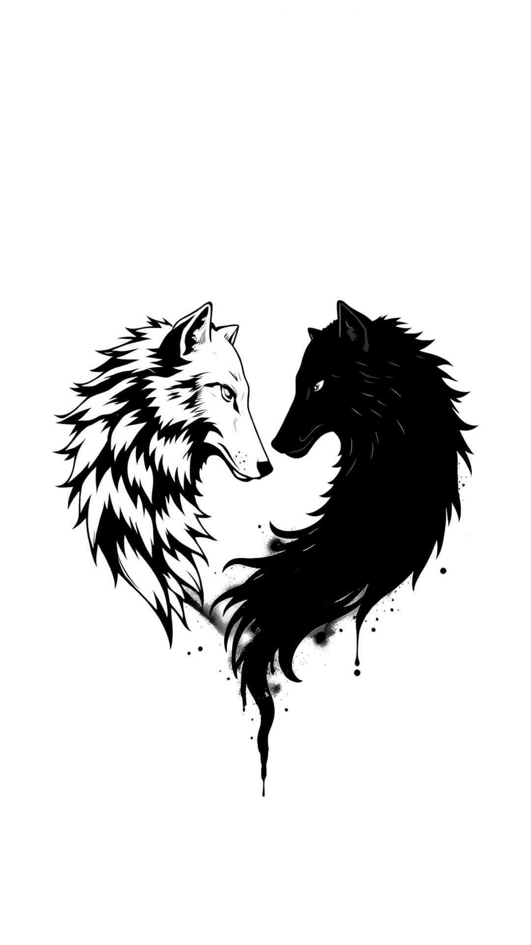 Yin Yang Wolf Heart Minimalist Illustration 壁紙 — 兩隻風格化的狼面對面形成一個心形，帶有黑色和白色的墨水飛濺。