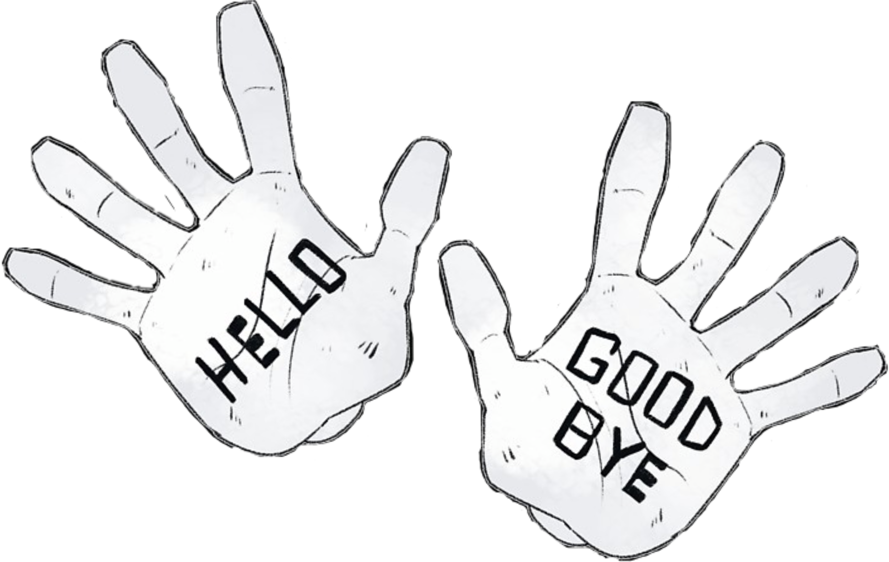 waving hand 桌布 壁紙 — 兩隻風格化的白色手在黑色背景上，一隻說你好，另一隻說再見，用粗體字。