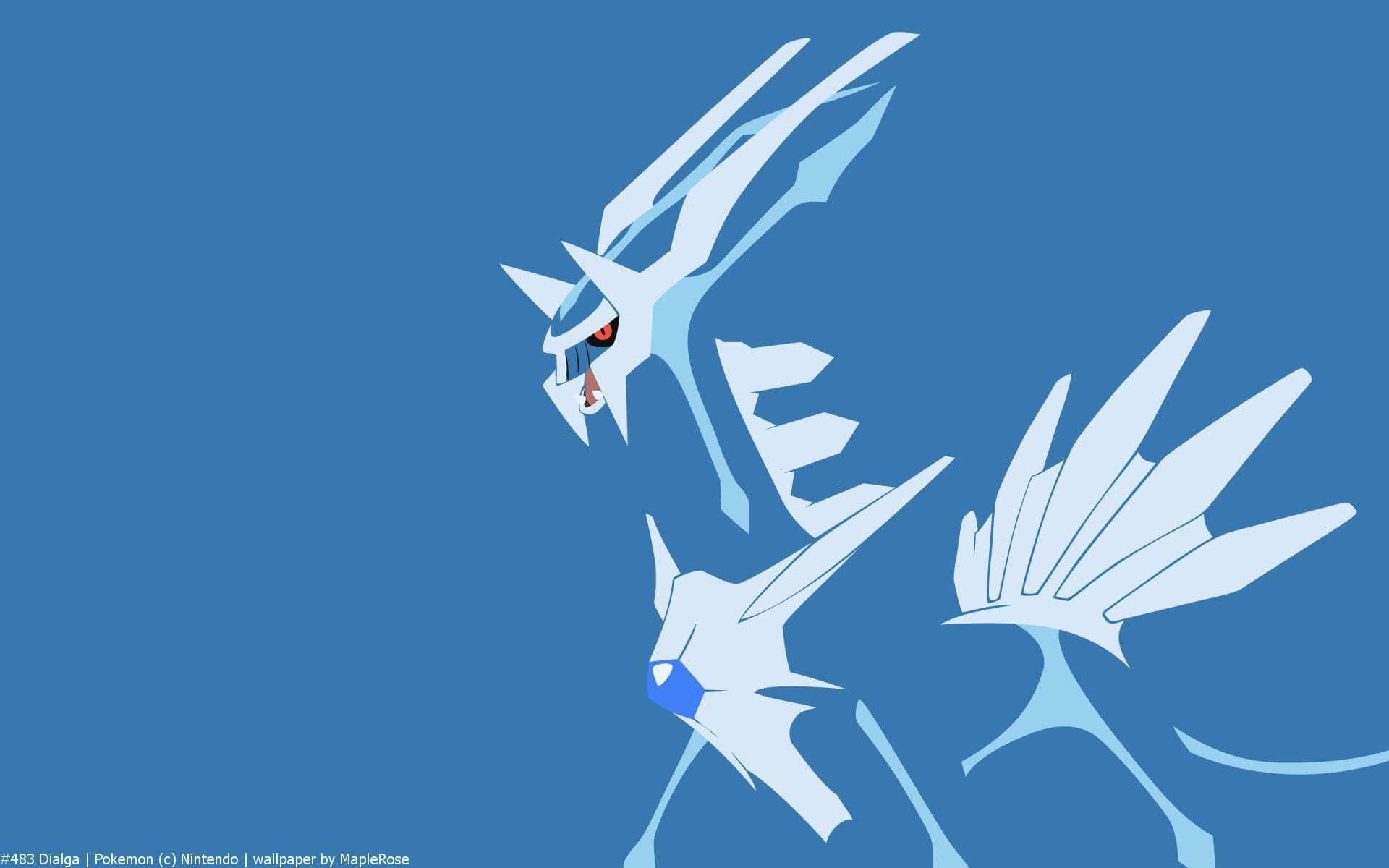 Dialga 桌布 壁紙 — 兩隻風格化的白色龍狀寶可夢，具有銳利的角狀特徵和紅色眼睛，站在純藍色背景前。