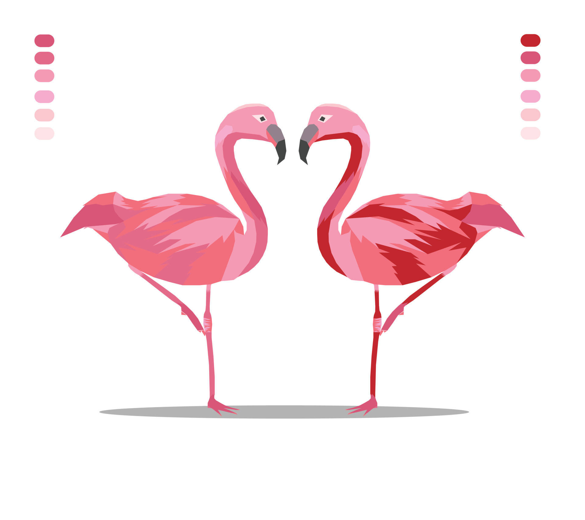birds 桌布 壁紙 — 兩隻風格化的粉紅色火烈鳥優雅地相對而立，彎曲的脖子襯托著潔白的背景。
