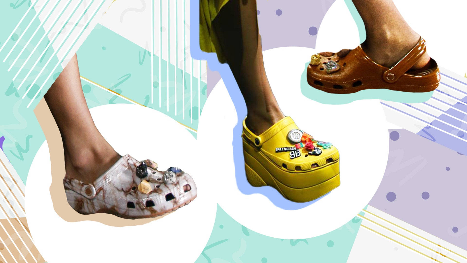 Crocs 桌布 壁紙 — 兩隻風格化的腳穿著色彩繽紛、裝飾過的Crocs，背景是充滿活力的抽象圖案，帶有柔和幾何形狀。