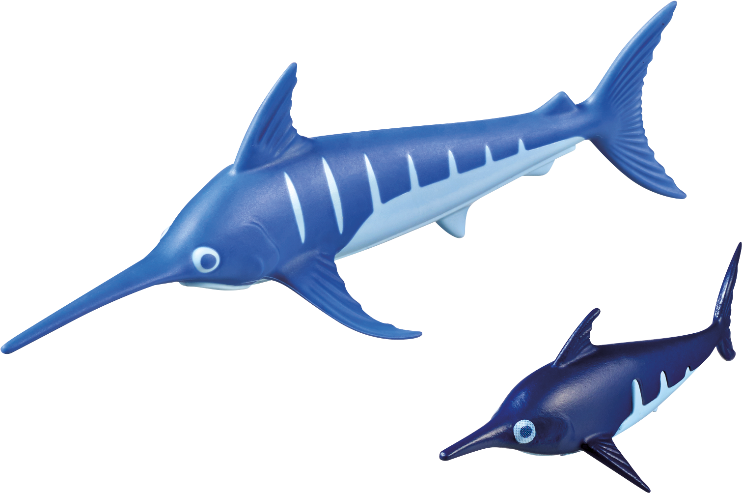 Swordfish 桌布 壁紙 — 兩隻風格化的藍色劍魚玩具，帶有白色條紋，在黑色背景上滑行。