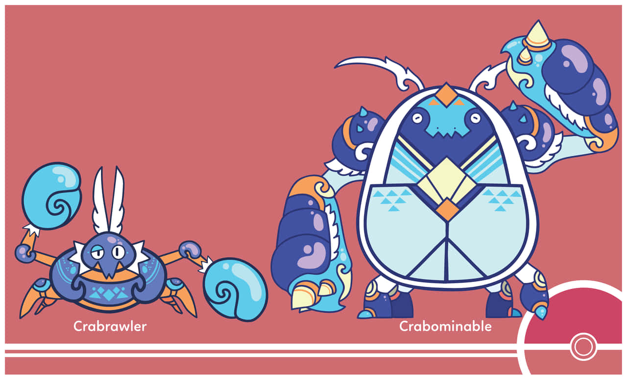 Illustration Art 桌布 壁紙 — 兩隻風格化的藍色螃蟹寶可夢，Crabrawler 和 Crabominable，站在帶有白色條紋的純粉色背景前。