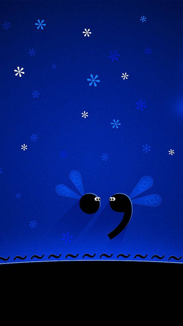 兩隻逗號形狀的蜻蜓在帶有雪花圖案的星空藍天下飛翔。