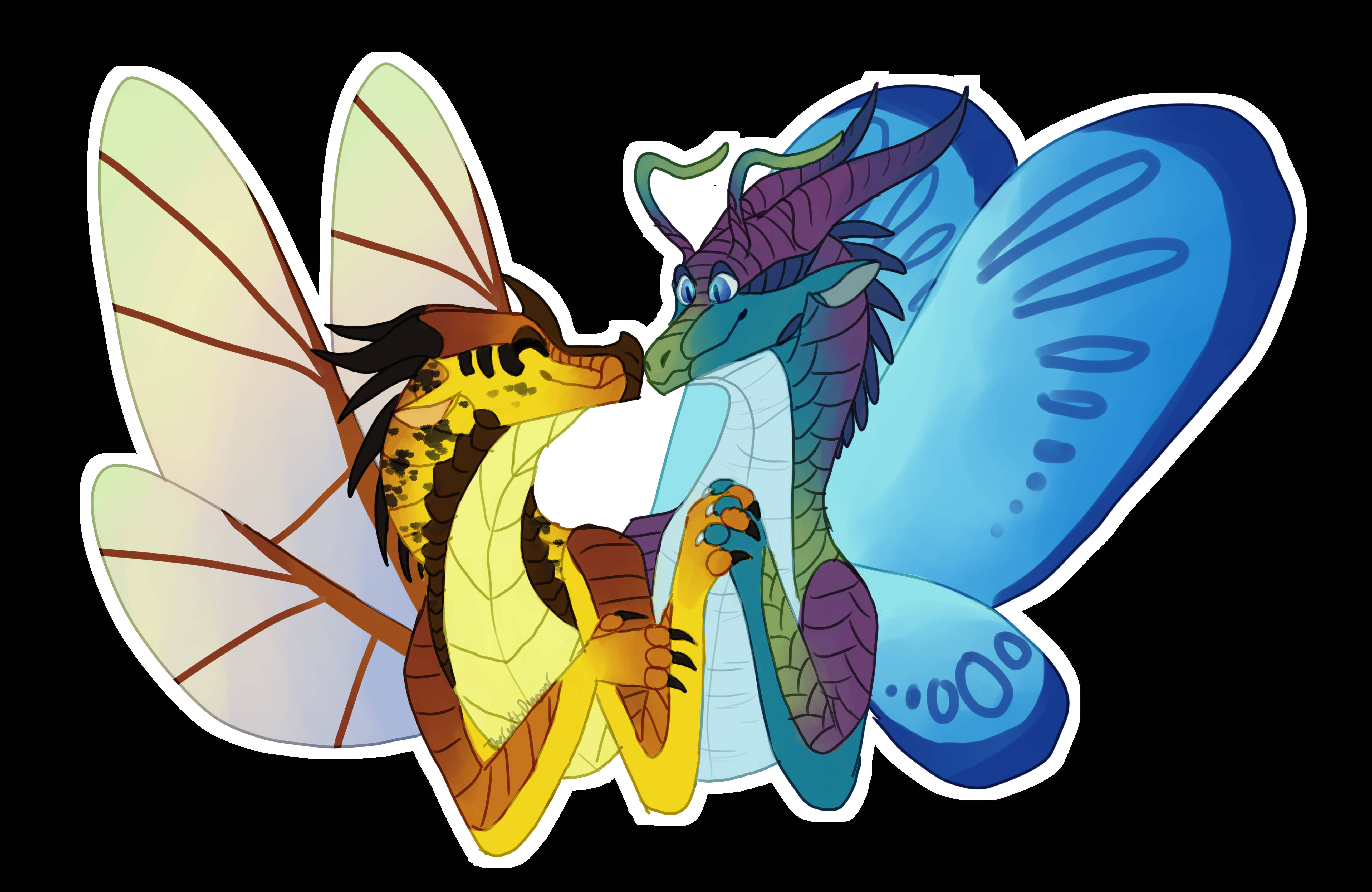 Cartoon 桌布 壁紙 — 兩隻風格化的蜻蜓生物，擁有色彩繽紛的翅膀和龍頭，在黑色背景上親暱地依偎。