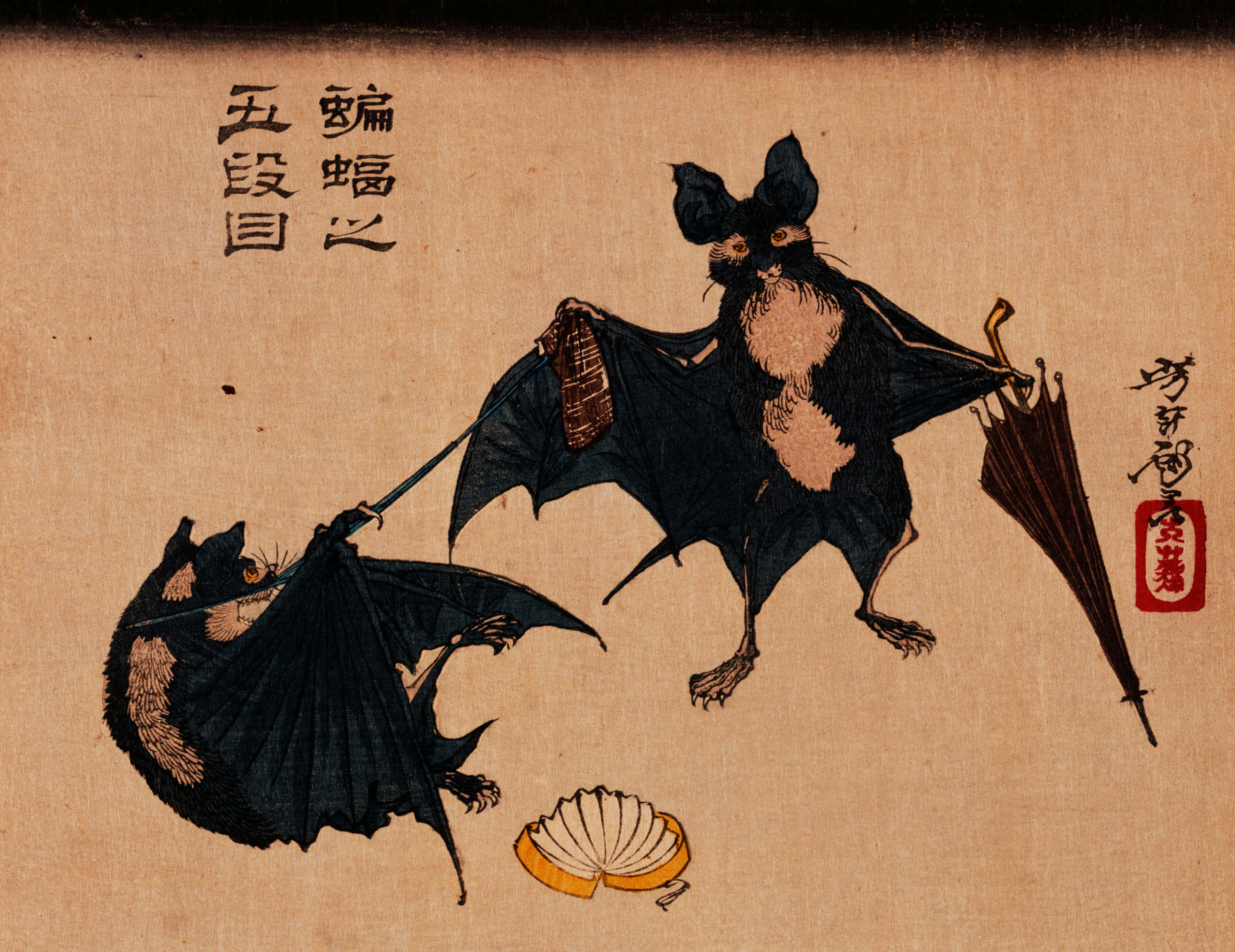 bat 桌布 壁紙 — 兩隻風格化的蝙蝠，採用傳統日本木版畫風格，一隻拿著雨傘，另一隻拿著扇子，背景是米色紋理。