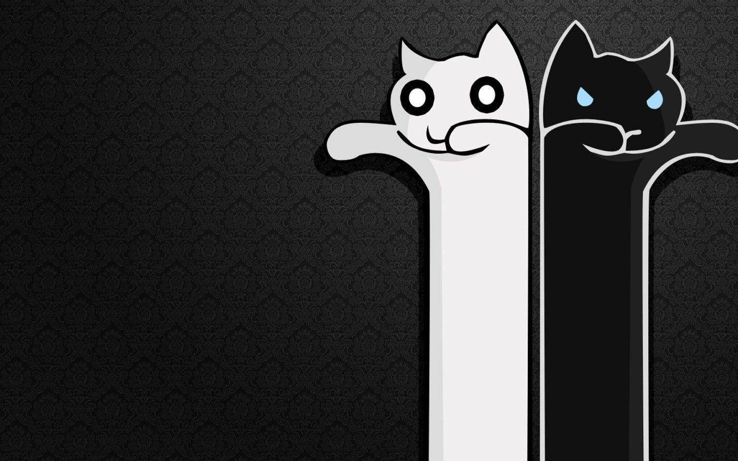 Cute Cat 桌布 壁紙 — 兩隻風格化的貓，一白一黑，在深色圖案背景的柱子後面窺視。