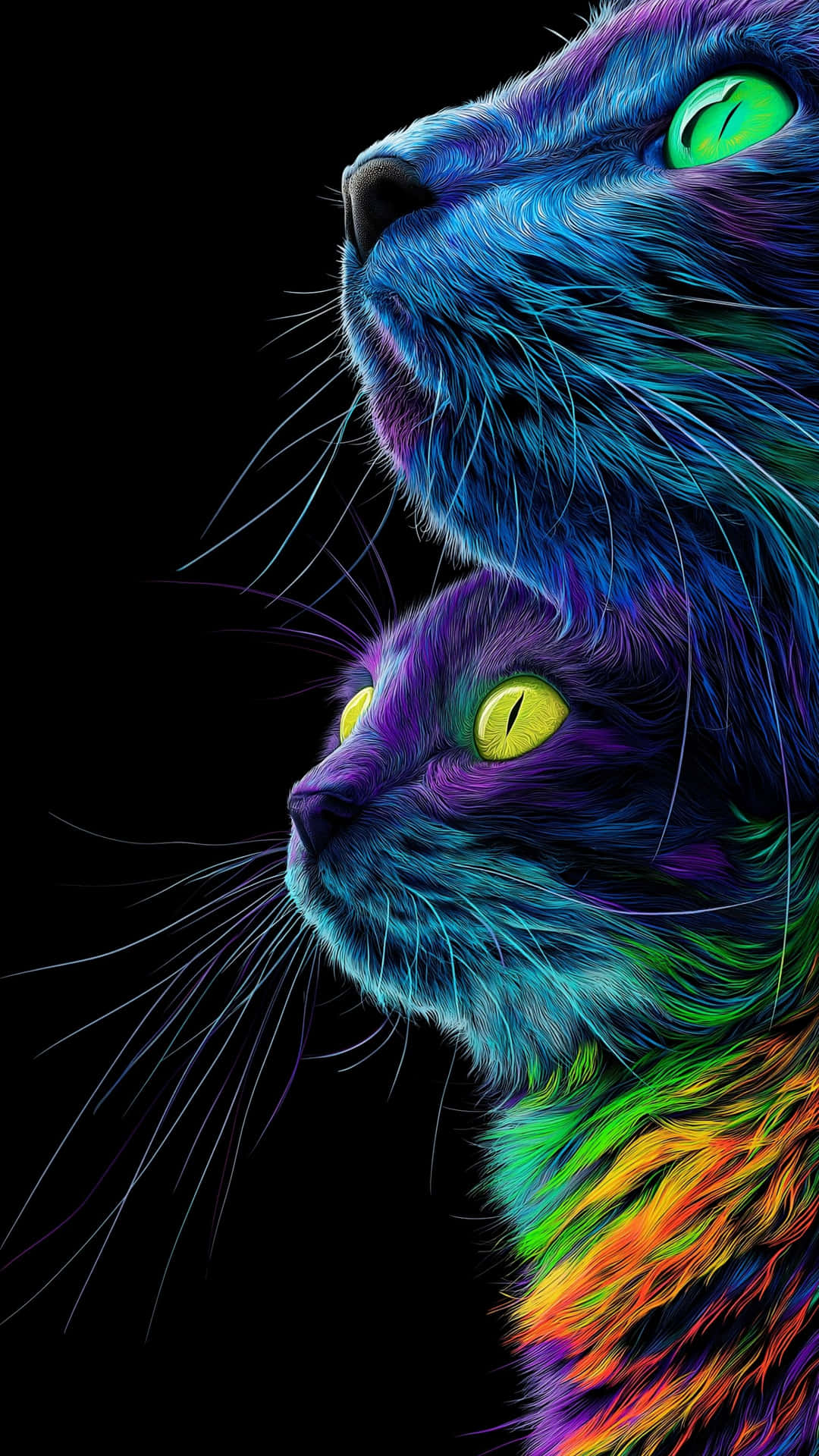 Vibrant neon cats with luminous eyes looking up against a dark background 壁紙 — 兩隻風格化的貓咪，擁有發光的眼睛和彩虹毛髮，在黑色背景上向上凝視。