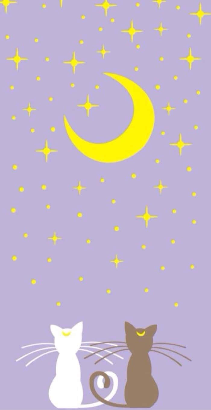 兩隻貓咪坐在新月和星星下，背景為紫色。 — 美少女戰士 GIF 壁紙