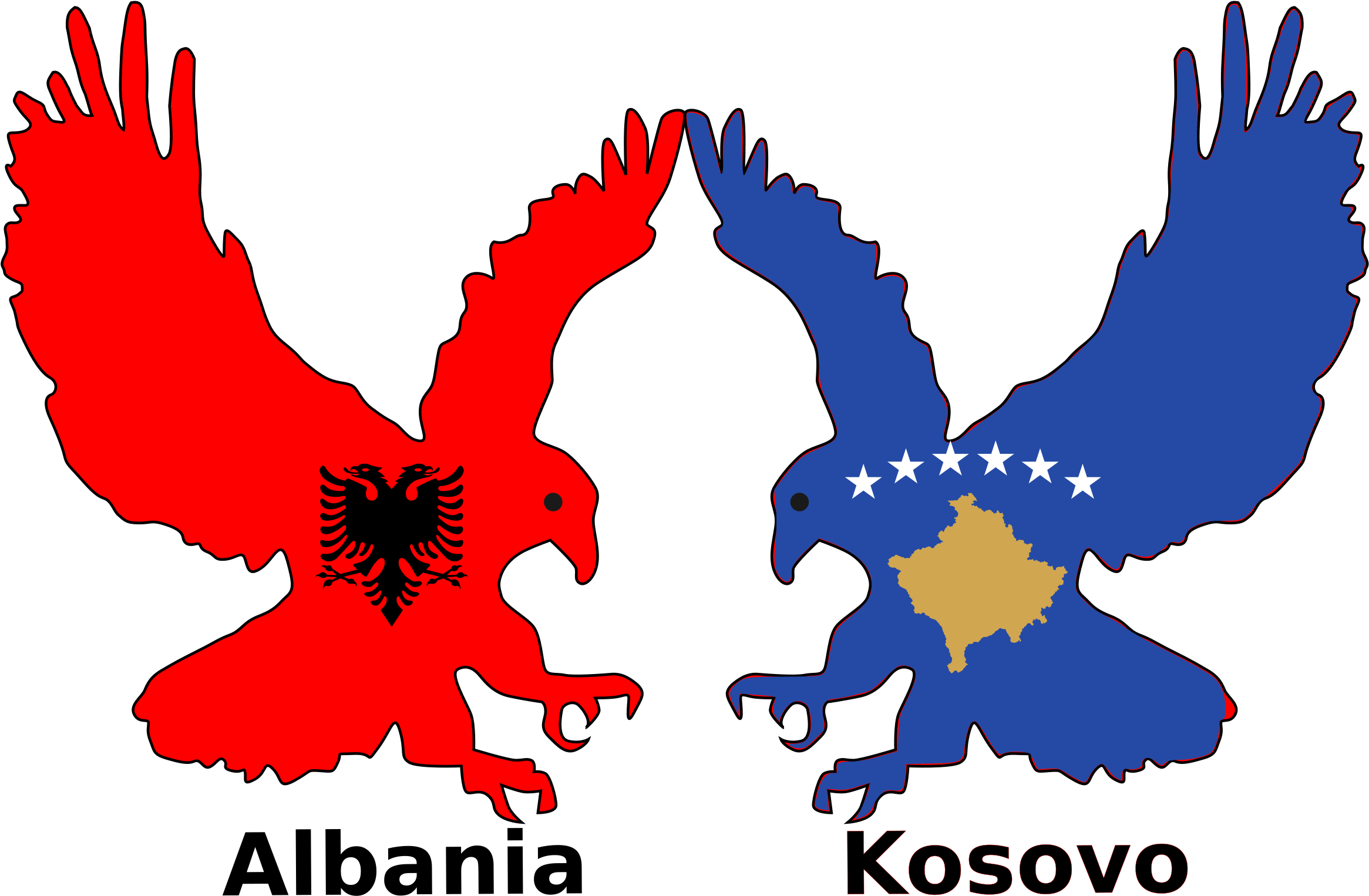 Kosovo 桌布 壁紙 — 兩隻風格化的鷹面對面，一隻紅色帶黑色雙頭鷹，另一隻藍色帶黃色科索沃地圖和白色星星。
