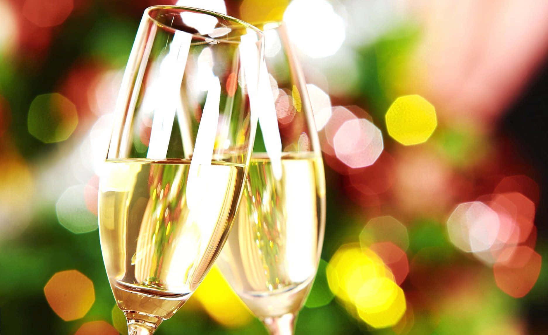 White Wine 桌布 壁紙 — 兩隻香檳杯在溫暖燈光的鮮豔散景背景下碰杯慶祝。