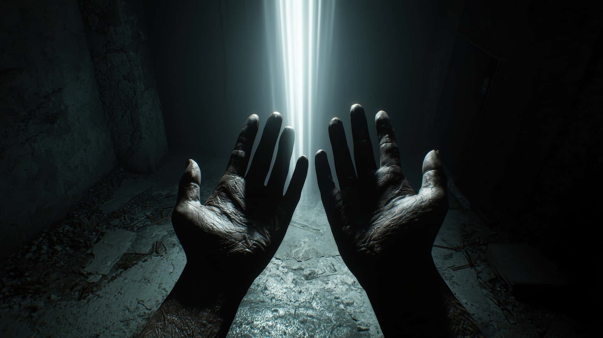 Hands Reaching Toward Mysterious Light 壁紙 — 兩隻骯髒的手向上伸向一道狹窄的光束，穿透黑暗廢棄的廢墟。