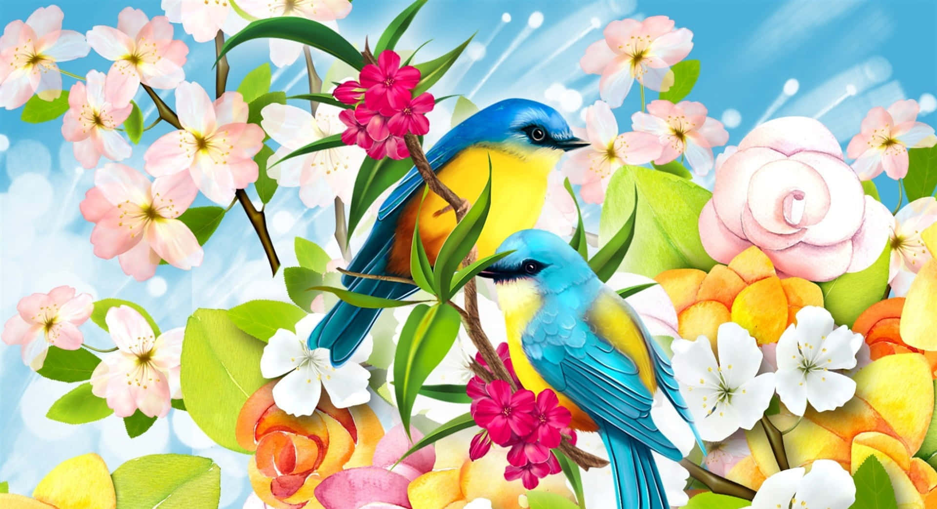 Spring Birds 桌布 壁紙 — 兩隻鮮豔的藍色和黃色鳥兒棲息在盛開的粉紅色、白色和橙色花朵之間，在明亮的藍天下。