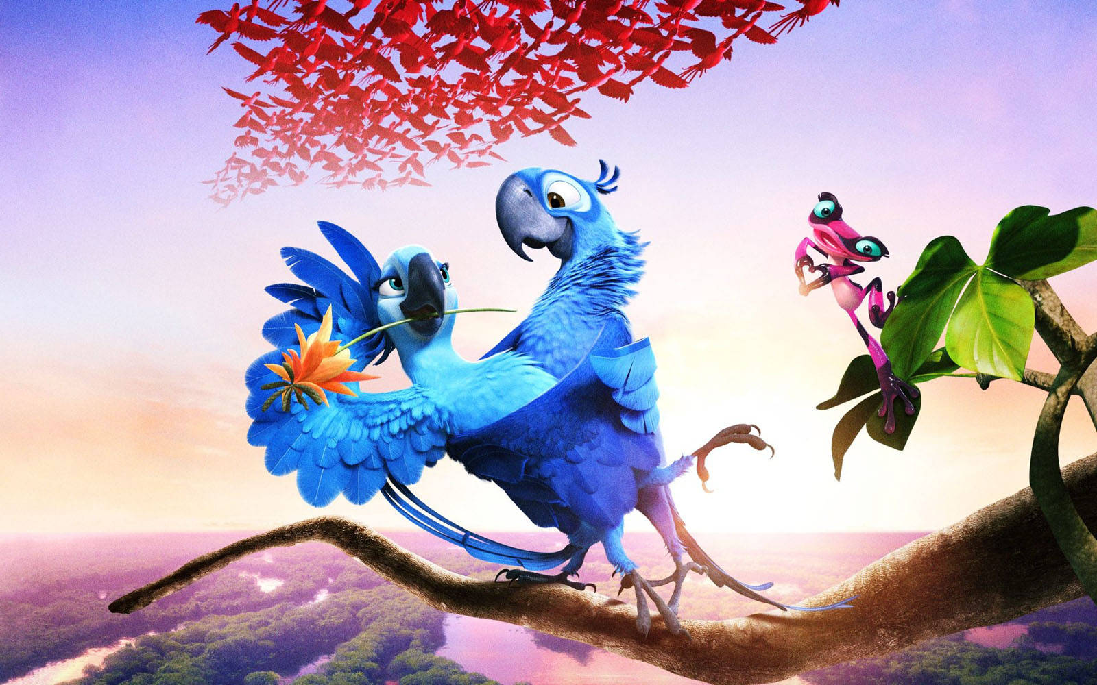 3D 桌布 壁紙 — 兩隻鮮豔的藍金剛鸚鵡棲息在紅葉樹冠下的樹枝上，附近有一隻粉紅色的青蛙。