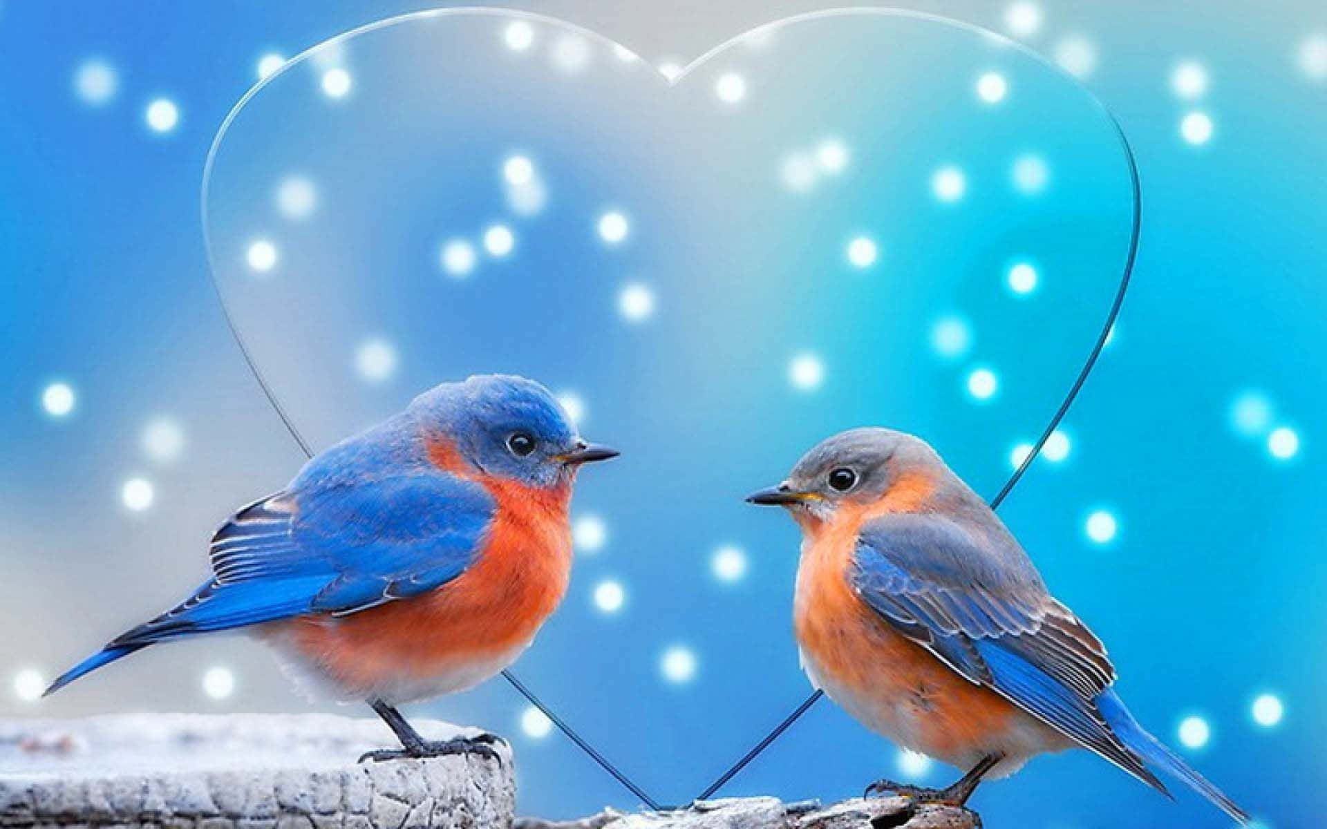 birds 桌布 壁紙 — 兩隻鮮豔的藍鳥在閃爍的藍天下，面對面棲息在一個發光的愛心形框架下。