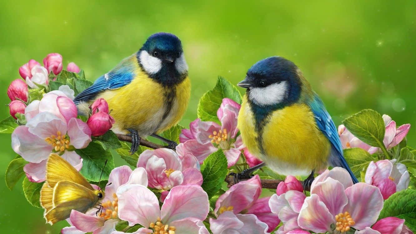 Spring Birds 桌布 壁紙 — 兩隻鮮豔的藍黃色鳥兒棲息在粉紅花朵之間，一隻黃色蝴蝶在附近翩翩飛舞。