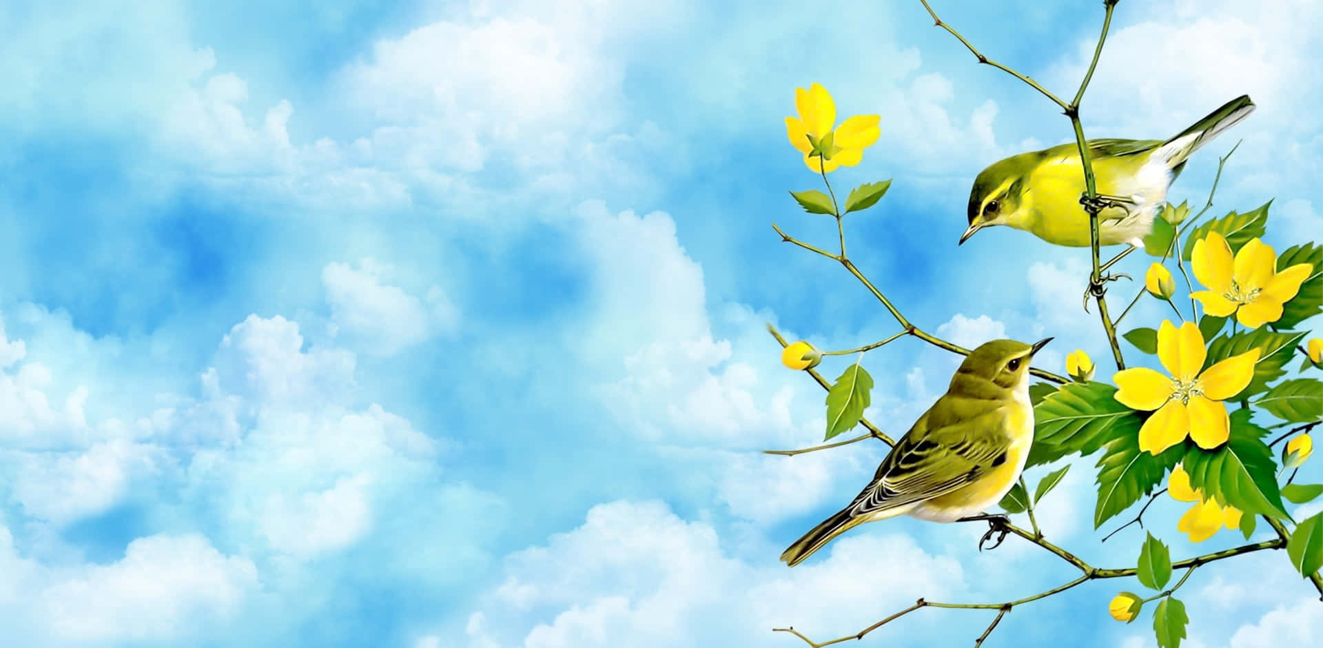 Spring Birds 桌布 壁紙 — 兩隻鮮黃色的鳥兒棲息在開花的樹枝上，背景是晴朗的藍天和蓬鬆的白雲。