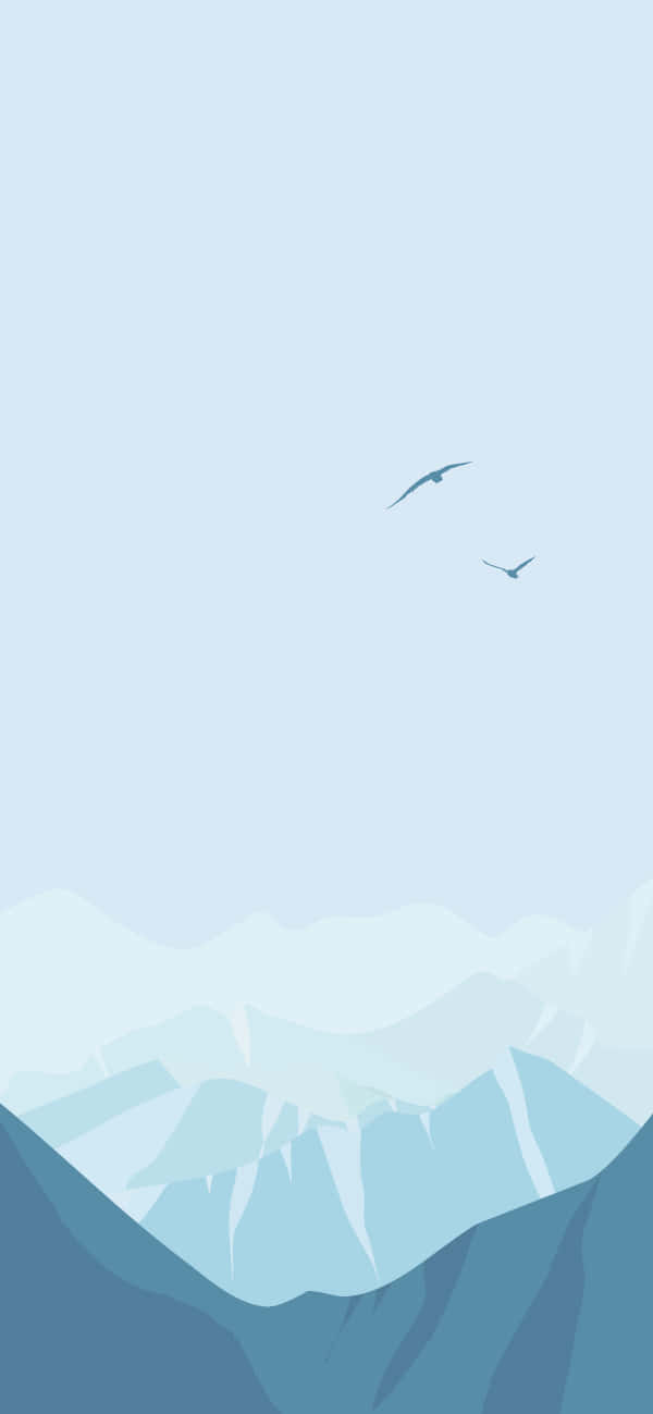 Minimalist Blue 桌布 壁紙 — 兩隻鳥在淡藍色天空下飛越極簡山脈。