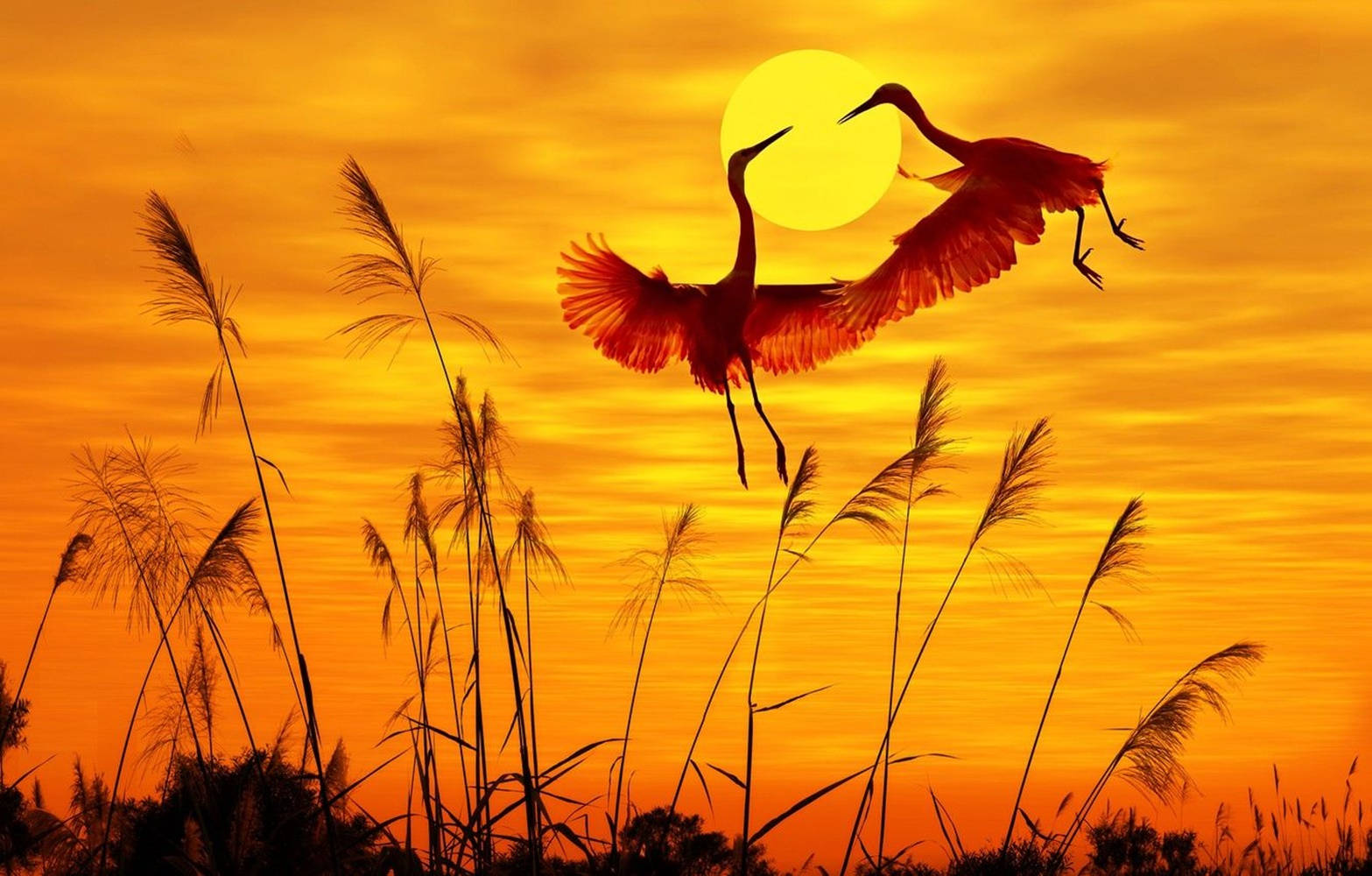 birds 桌布 壁紙 — 兩隻鳥在火紅的橙色日落中優雅地翱翔，背後有發光的太陽，下方有高大的蘆葦剪影。