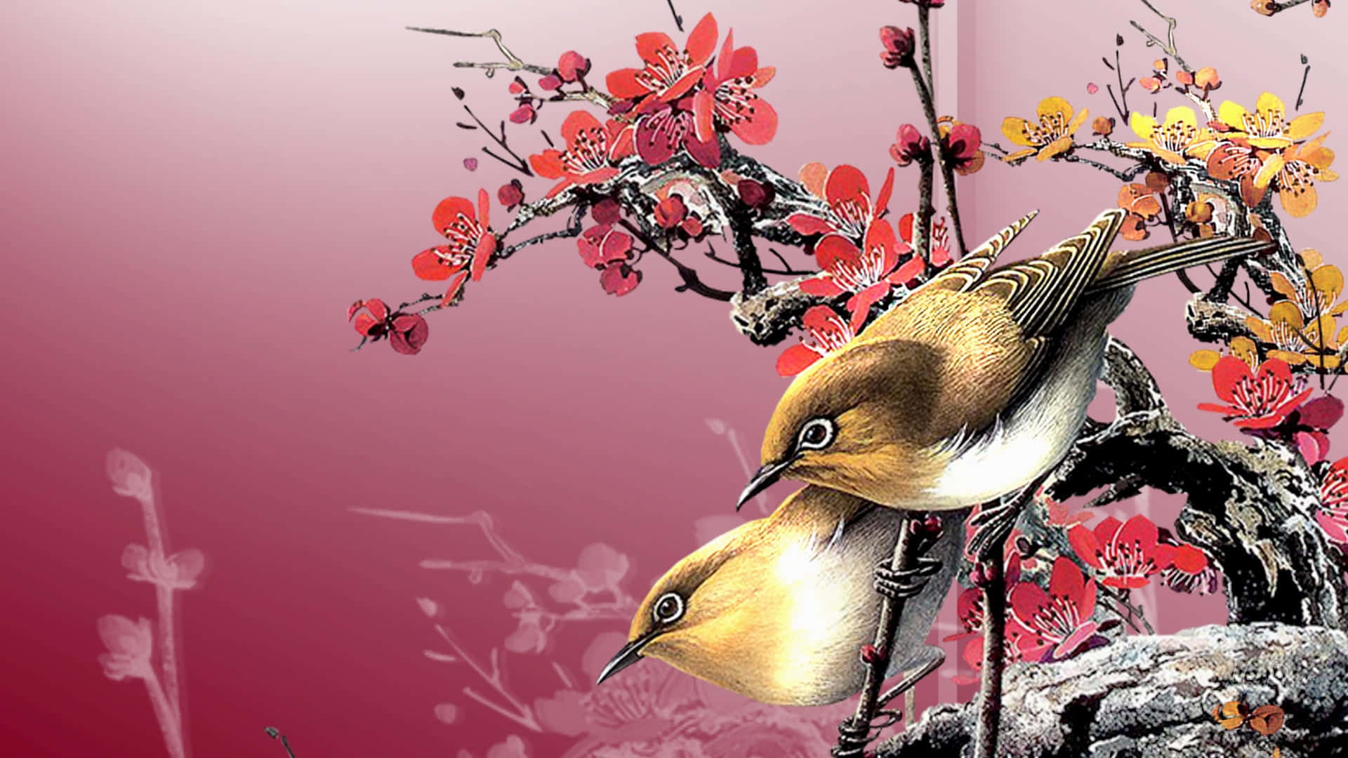 Spring Birds 桌布 壁紙 — 兩隻鳥棲息在盛開的櫻花枝上，背景是柔和的粉紅色漸層天空。