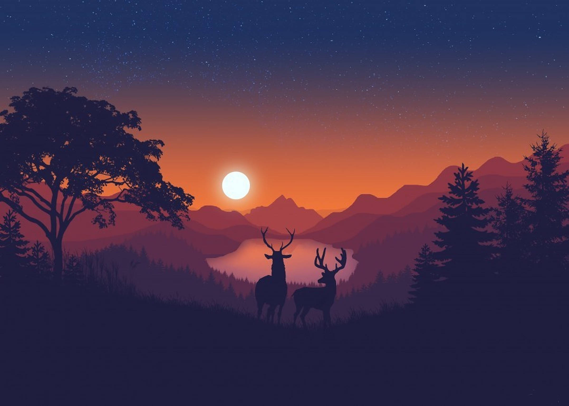 夕陽天空 桌布 壁紙 — 兩隻鹿在充滿活力的暮色天空下剪影，背景有山、湖和星星。