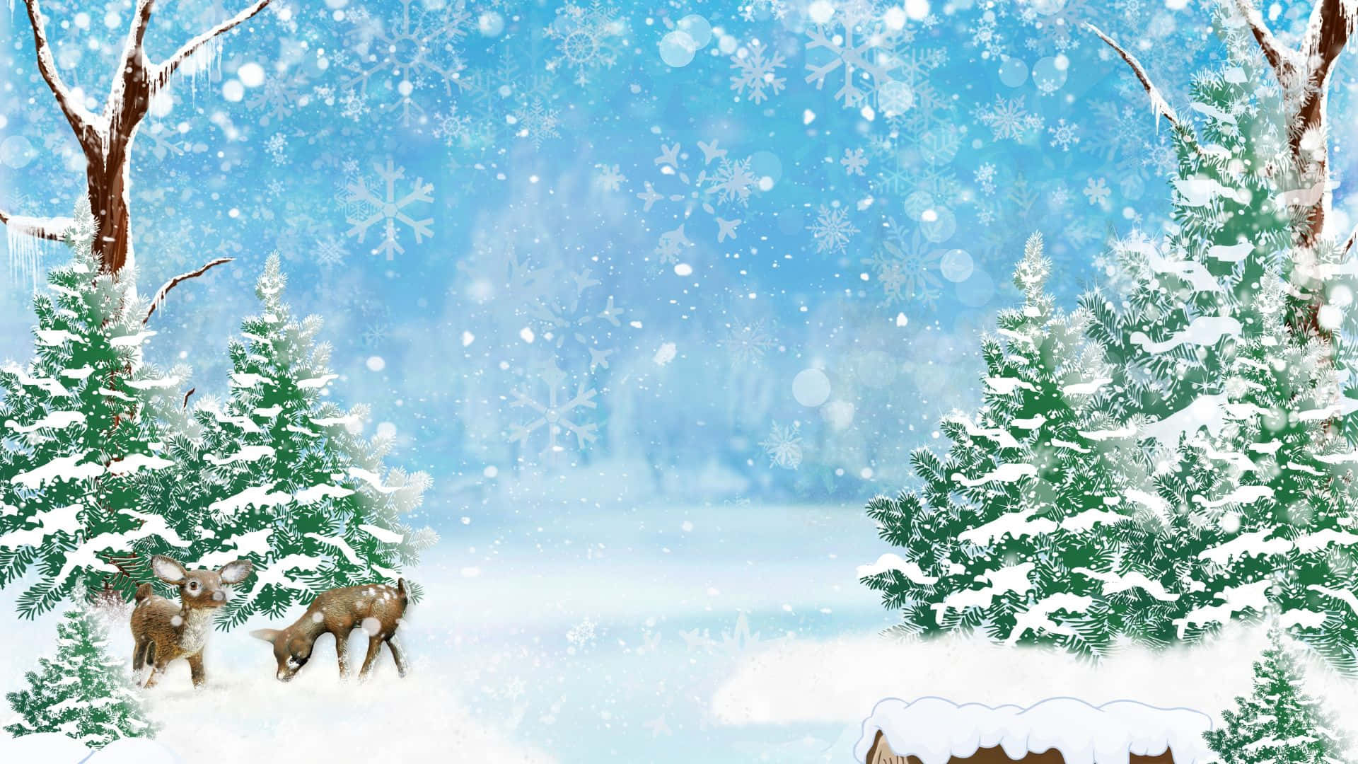 冬天 桌布 壁紙 — 兩隻鹿在白雪覆蓋的森林中漫步，周圍是積雪的松樹和飄落的雪花，天空湛藍明亮。